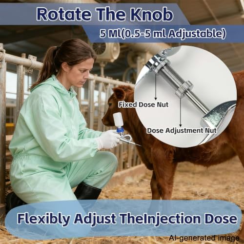 5ml Stainless Steel Livestock Syringe Adjustable Injection Gun with Needle | Multi-Use for Cattle Horse Sheep Pig & Poultry