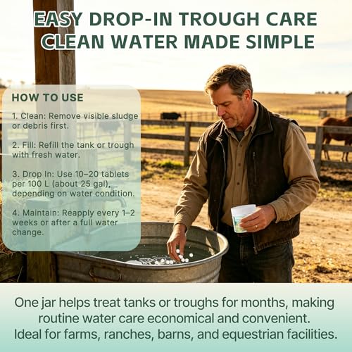 Stock Tank Defense Tablets – Stock Tank Care for All Livestock Water Troughs – Helps Reduce Visible Buildup, Sludge & Muck – Easy & Animal-Safe Care for Horses, Cattle, Goats & Chickens, 300 Count