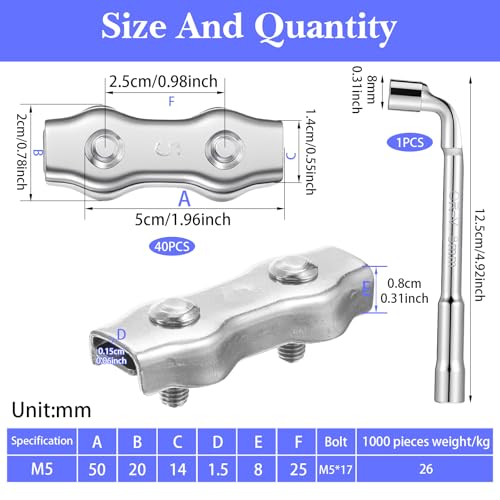 40 Pcs M5 Poly Rope Connector Wires Splicer Galvanized Steel Connector Kit for Electric Fences with Sleeve Tool