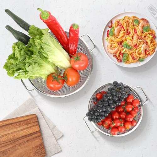 2PCS Colander for Kitchen, 3QT and 5QT, Stainless Steel Colander Strainer with Handle for Fruits Vegetables Cooking Food, Dishwasher Safe - size: 3QT+5QT