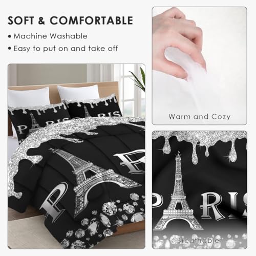 WeCozy Queen Comforter Set, 3 Pieces Silver Paris Bedding, All Season | Eiffel Tower Black France French City Soft Comforter with 2 Pillowcases for Kids and Adults Room Bedroom Bed Decor - color: Multi 11, size: Queen