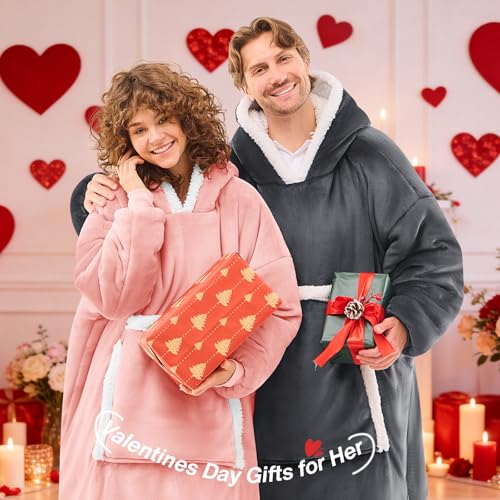 JOYWOO Pink Wearable Blanket Hoodie,Oversized Cat Lovers Sweatshirt Blanket for Adult, Birthday Gifts for Women,Mom,Men,Cozy Sherpa Hooded Blanket with Giant Pocket Winter Gifts,Mellow Rose Standard - color: Mellow Rose, size: Adult