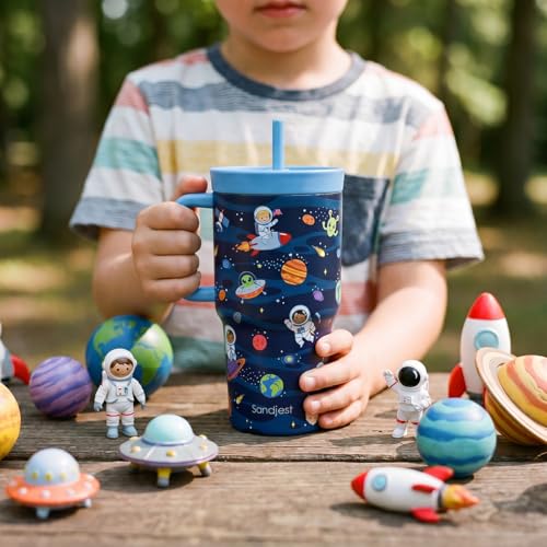 SANDJEST Outer Space Stainless Steel Tumbler 20oz with Handle and Silicone Straw Locking Lid for Kids Boys Girls, Birthday Christmas Back to School - color: Outer Space