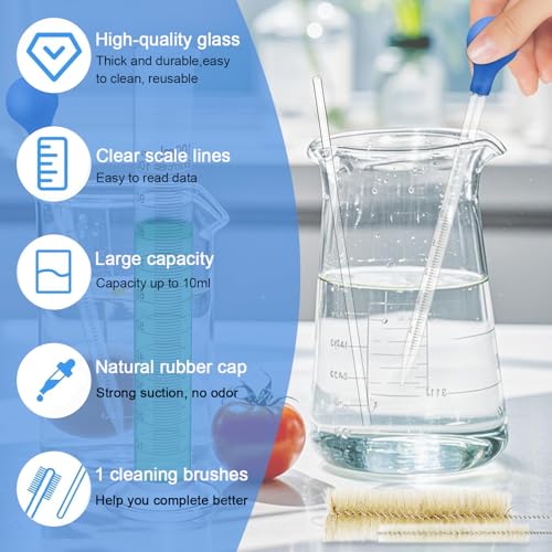 2pcs Glass Pipettes Dropper, Glass Liquid Dropper, 10ml Graduated Liquid Dropper with Cleaning Brush, Liquid Transfer Eye Droppers, Lab Glass Transfer Pipette, Large Essential Oil Droppers