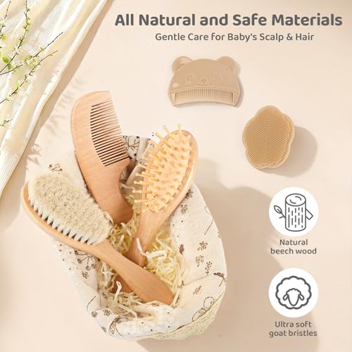 5 Piece Baby Hair Brush Set, Wooden Baby Brush and Comb Set with Natural Soft Goat Hair Bristles, Cradle Cap Brush, Baby Essentials Grooming Kit for Boy Girl