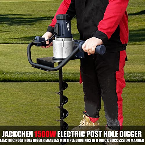 JACKCHEN 1500W Electric Post Hole Digger, Earth Auger with 6 inch Auger Drill Bit, Earth Auger Post Hole Digger Electric, Ideal for Post Hole Digging, Drilling, Tree Planting, Blue | 1500W Motor, 200RPM, 90ft-lb, 6" Bit, Blue, Anti-Vibration Handle, Safet