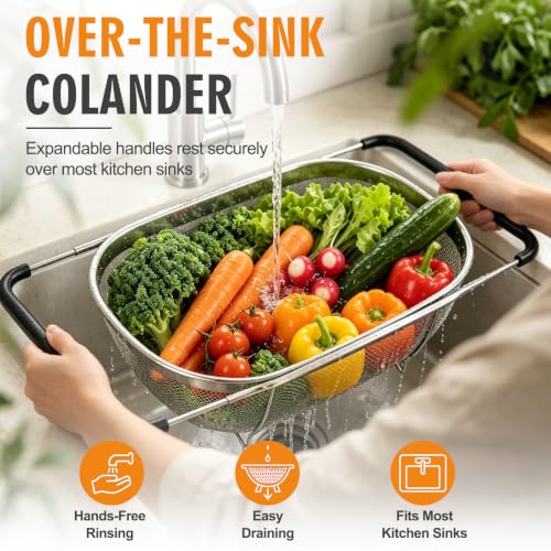 Palksky Over the Sink Colander, Stainless Steel Fine Mesh, 6 Quart 2 Pack | Expandable handles fit most sinks; fine mesh drains pasta, rice & produce - color: 6-Quart Over the Sink Colander 2 PCS
