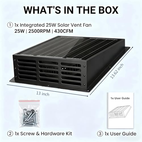 25W Solar Powered Exhaust Fan, 430 CFM High Airflow Attic Fan with 12V Monocrystalline Panel, Weatherproof Ventilation Kit for Chicken Coop, Greenhouse, Shed, Garage and RV, Easy Install - color: Balck