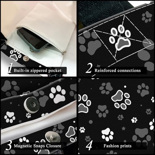 Canvas Tote Bag for Women，Cute Heavy-Duty Shoulder Bag with Zipper Pocket -Travel Tote for Grocery, Gym,Shopping - color: Dog Paw Print and Star