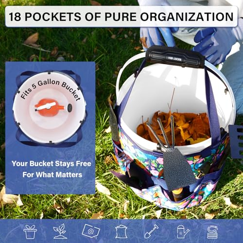 KUNN 18-Pocket Bucket Tool Organizer | Heavy-Duty 5 Gallon Bucket Caddy with Hangable Handle | Gardening Tool Bag & Garden Caddy Accessory for Gardeners, Blue - color: Blue Bloom