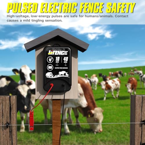 AC/DC 2 in 1 Power Supply, Electric Fence Energizer Kit for 10 Mile Preventing Wild Animal Intrusion, 40 Acre Coverage, 12V Input, 12KV 2 Joule Output, Electric Fence Charger for Livestock - color: BLACK-Complete Kit