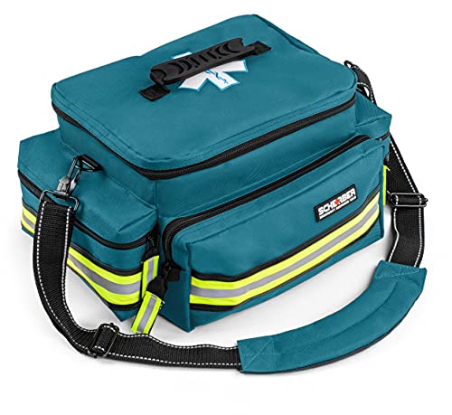Scherber First Responder Fully-Stocked Professional Essentials EMT/EMS Trauma Kit | HSA/FSA Approved | Reflective Bag w/8 Zippered Pockets & Compartments & 200+ First Aid Supplies - Blue - color: Blue