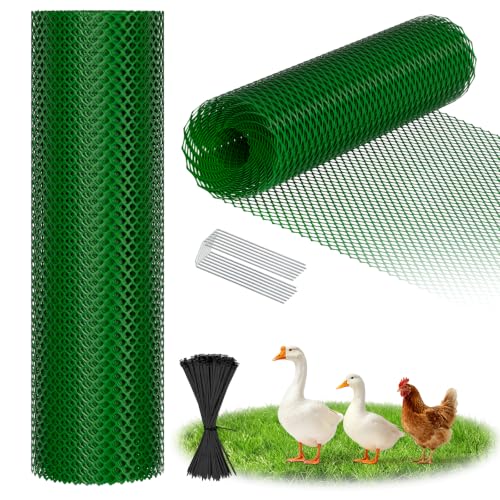 DoCred 3.28' x 82' Plastic Garden Fence Roll with Thicke Stakes, Green | Reusable HDPE Temporary Fence with 15Pcs 3.77FT Posts, Portable Chicken Dog Fence Barrier, Construction Snow Protection - color: Green, size: 39.4in x 82ft-Diamond Grid