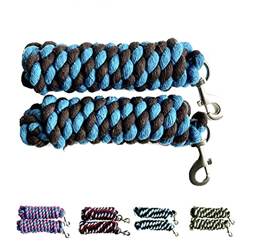 Majestic Ally Pack of 2 Solid Cotton Lead Rope for Horses & Livestock – 10 Foot Long and 5/8 inch Thick - Replaceable Heavy-Duty Satin Bolt Snap – Handmade – Soft, Broken in Feel (Turquoise -Brown) - color: Turquoise -Brown