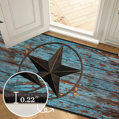 Western Area Rug 5x7,Rustic Barn Texas Star on Old Wooden Plank,Teal Rugs for Living Room,Ultra-Thin Washable Throw Carpet Indoor Non Slip Accent Floor Mats for Bedroom,Dining Room,Laundry Room,Office - size: 5'x7'