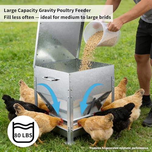 Automatic Chicken Feeder, 80lb Large Capacity Chicken Feeder, No Waste Gravity Poultry Feeder with Legs and Rain Proof Lid, Metal Outdoor Poultry Feeders for Hens, Ducks, Roosters, Free-Range Coops