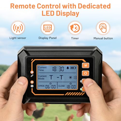 Automatic Chicken Coop Door Solar Powered with Remote Control Setup & LCD Screen, Anti-Pinch Chicken Door, Aluminum Auto Poultry Door with Timer & Light Sensor