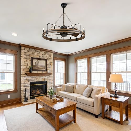 36" Wagon Wheel Chandelier with Fan 8-Lights Farmhouse Chandelier | Rustic Chandelier Ceiling Fan with Lights and Remote, for Dining Room Bedroom Living Room, Reversible Quiet DC Motor 6 Speeds - color: 36" Wagon Wheel