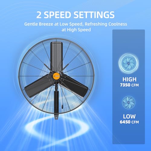 24 inch Outdoor Oscillating Wall Mounted Fan, High Velocity IPX4 Waterproof 7350 CFM Industrial Metal Wall Fan, 2 Speed, Adjustable Tilt, for Greenhouse, Patio, Garage, Workshop - size: 24 inch - Outdoor