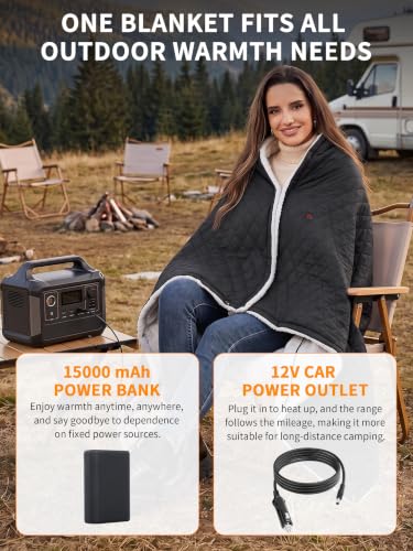 Wearable Heated Blanket,12V Cordless 15000 mAh,3 Heating Set | Cordless heating pad design,Battery Operated,Sherpa Lining,Heated Shawl Throw Blanket for Car,Camping,Backpacking,Hiking - color: Elegant Black