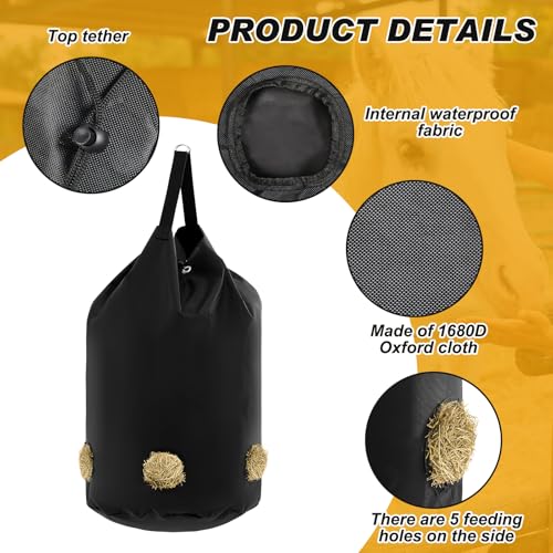 2 Pcs Hay Bags for Horses Slow Feed 1680D Oxford Net,5 Holes | Large Holder for Horses Goats Sheep, Net Feed Holes Reduce Waste, Hanging Strap Included, Stable Barn Farm Outdoor Use