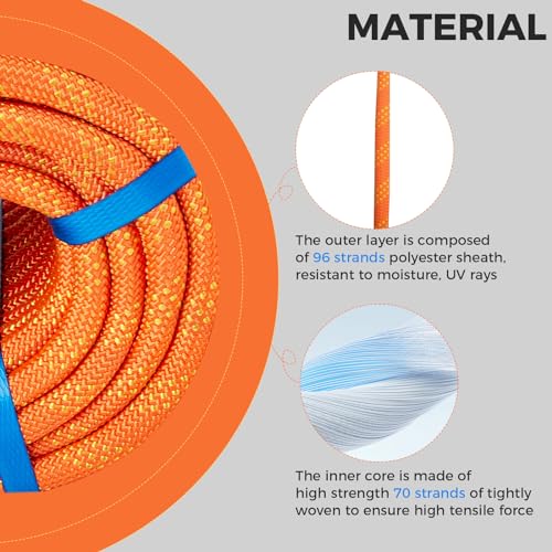 1/2 Inch 150ft Double Braided Polyester Arborist Rope, Heavy Duty Nylon Rope for Anchor, Tree Work, Cargo, Pulling, Sailing(Orange) - size: 1/2in x 150ft, style: Orange