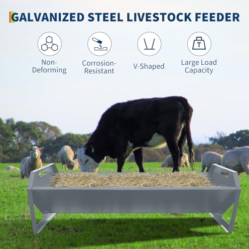 Livestock Feeder, 22 Gallon Galvanized Steel Pasture Hay Trough | Weatherproof anti-rust coating, anti-tip V-shaped base, holds horse,cattle,sheep,goat,alpaca,pig for ranch homestead outdoor