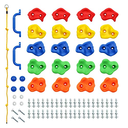 DIY Rock Climbing Holds Kit, 20 Holds & 8FT Rope for Kids | 20 Rock Holds, 2 Handles, 1 8FT Knotted Rope, For Swing Sets & Jungle Gyms