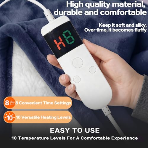 Wearable Heated Blanket With Sleeves & Foot Pocket, Heated Throw Blankets Fast Heating Blanket With 10 Heat Settings Auto Shut Off Over-Heat Protection-Warm Gift, Machine Washable, 52”*72”+18” - color: Navy