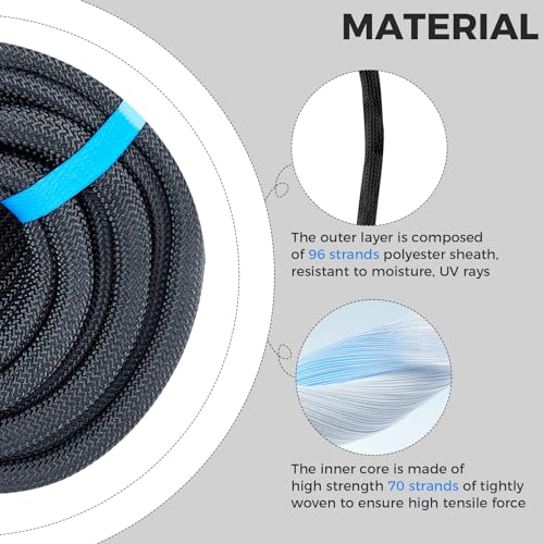 1/2 Inch Double Braided Polyester Arborist Rope, 1/2in 100ft Heavy Duty Nylon Rope for Anchor, Tree Work, Cargo, Pulling, Sailing - size: 1/2in x 100ft, style: Black