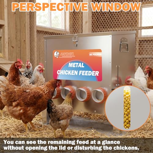 85 Pounds Automatic Chicken Feeder 6 Ports Large Gravity Fed Chicken Feeder with Adjustable Legs Perspective Window Latch & Handle for Chickens Bantams Pheasants - size: 6 Ports - 85-120 LBS