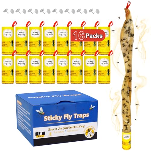 16 Pack Fly Strips Sticky Hanging Fly Trap Indoor Outdoor with Pins | Fly Paper Tape Fruit Fly Gnat Fungus Bug Catcher for Household Winged Insect & Mosquito for Orchard Farm Home Kitchen - size: 16 pack