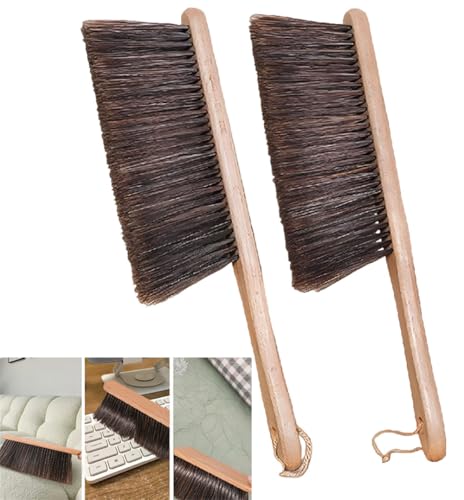 Woooden Dust Brush, Hand Broom Bench Brush, with Long Wood Handle Whisk Broom Soft Bristle Brush for Car Fireplace Clothes Counter Sofa Bed Household Cleaning, 2 Pieces