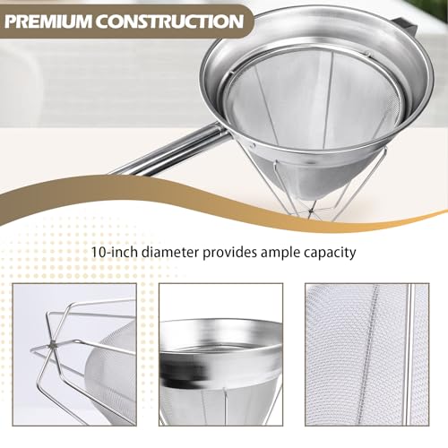 10" Chinois Strainer,18/8 Stainless Steel Conical Fine Mesh Bouillon Sieve | Heavy Duty China Cap Strainers with Stand for Sauces Soups Broth Purees Jam