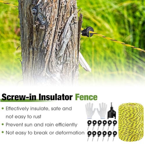 Sweetude 660 Feet Electric Fence Polywire and 100 Pcs Electric Fence Insulator with 1 Pcs Insulator Socket Tool Resistant Glove Electric Fence 6 Stainless Steel Strands for Fence Landowner Farmer