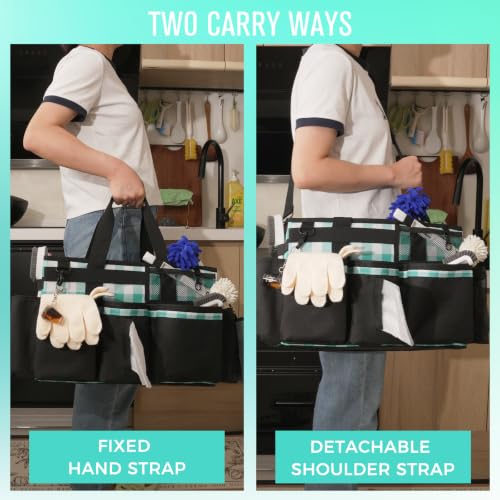 SCAVATA Wearable Cleaning Caddy, Cleaning Caddy Supplies Organizer with Handle & Shoulder Straps for Housekeepers, Under Sink & Car Cleaning Tool Organizers Bag with 4 Foldable Divider (BluePlaid) - color: BluePlaid
