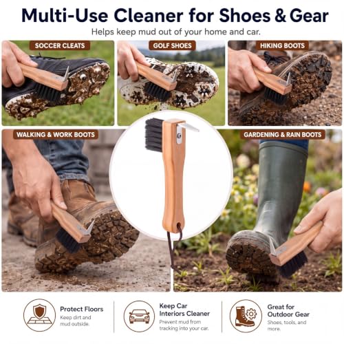 2 Pcs Handheld Shoe Sole Mud Brush with Pick Heavy Duty Stiff Bristles Cleat Scraper Wood Boot Brush for Bottom Mud Remover for Golf Soccer Hiking Boots Farm Outdoor Footwear