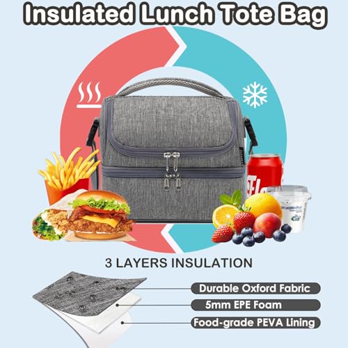 FlowFly Double Decker Cooler Insulated Lunch Bag Large Tote for Boys, Girls, Men, Women, With Adjustable Strap (Grey) - color: Gray