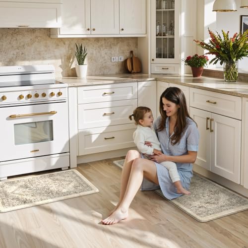 KIMODE Anti Fatigue Kitchen Mats 2 PCS 17"x47"+17"x29.5", Boho Kitchen Rugs and Mats, Non Slip Cushioned Kitchen Mats for Floor, Waterproof Kitchen Floor Mats for Laundry, Office, Sink, Khaki | 17"x47"+17"x29" Non Slip Cushioned Kitchen Mats for Floor, Wa