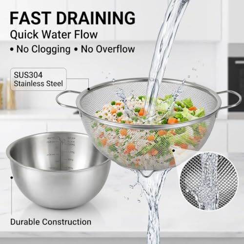 18/8 Stainless Steel Fine Mesh Colander Set, 3.5Qt | Includes 1 mixing bowl with built-in measurement marks and 1 fine 20-mesh strainer for rinsing, mixing, and draining.