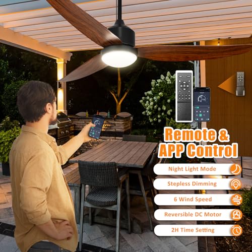 Depuley Outdoor Ceiling Fan with Light: 52 Inch Gazebo Fan Outdoor Hanging - Plug in Fan for Patio Waterproof - Dimmable Fans with Lights Remote App Control - Walnut - color: Walnut 01, size: 52 Inch