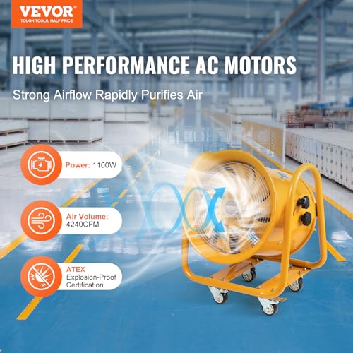 VEVOR Explosion Proof Fan 16 Inch, 350W 4240CFM, Industrial Portable Ventilator Blower/Exhaust with 9.8ft Light Cord -No Plug - size: 16 Inch