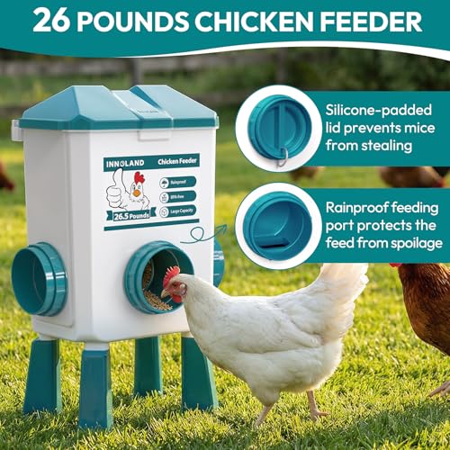 INNOLAND Chicken Feeder and Waterer Set - 3 Gallon/26.5 Pounds | Automatic Chicken Waterer, 4 Cups & 4 Feeder Ports, No Waste Poultry Feeders & Waterers, Chicken Coop Accessories for Poultry