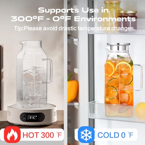 Aofmee 68oz Glass Pitcher with Lid and Handle for Fridge, Clear 2pc | Iced Tea Pitcher for Fridge, Borosilicate Glass Carafe, Sun Tea Jar, Dual Pour Stainless Lid, Dishwasher Safe - color: Clear 2pc