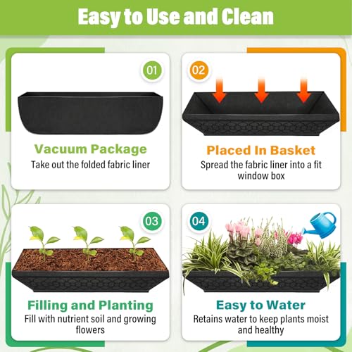 Riare 4 Pack 36 Inch Black Fabric Window Box Liners- Felt Square Trough Planter Basket Liners Replacement, Non-Woven Hanging Flower Plant Box Liner for Outdoor Plants Garden Fence- Avoid Birds Nesting