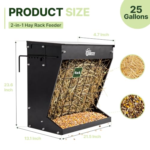 Wall Mount Hay Rack And Hay Feeder For Goats Sheep And Horses, Covered Galvanized Steel Goat Hay Feeder With Hinged Roof, 25 Gallon 2-In-1 No Waste Hanging Holder Grain Bin with hook For Cattle - color: Black