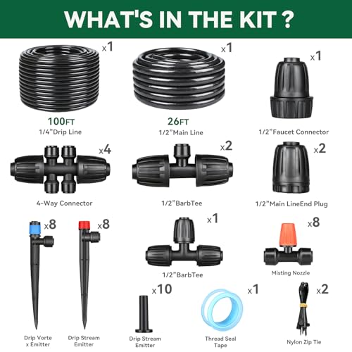 Drip Irrigation System for Garden, 2026-Upgraded Quick Connect Garden Watering Kit All-in-One with 1/2 inch 1/4 inch Irrigation Tubing for Garden, Lawn, Greenhouse, Raised Beds (126FT) - size: 126FT