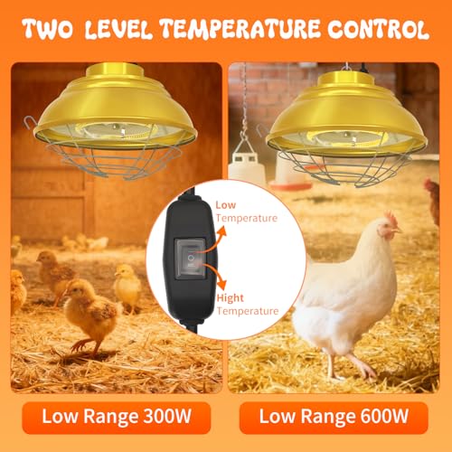 Chicken Coop Heater, 600W, Carbon Fiber Bulb, Adjustable 2-Mode | Heat Lamp for Chickens Brooder, Adjustable Hanging Height, For Chick, Puppy, Cat, Goat, Piglet