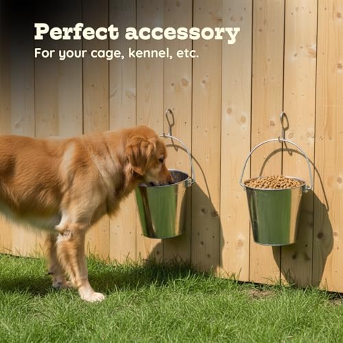 Flat Side Stainless Steel Bucket 6 Quart Hanging Feeding Utility Pail for XL Dog Goat Sheep Livestock, Fits Kennel Cage Crate Farm, Heavy Duty Food & Water Feeder, 1.5 Gallon Silver 2Pack - size: 6 Quart (Pack of 2)