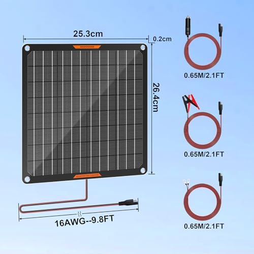 10Watt 12V Solar Car Battery Trickle Charger & Maintainer | Portable Waterproof Solar Panel Kit Fits 12V Batteries for Boats, Marine, RVs, Automotive, Trailer with Alligator Clip - size: 10W Solar Panel
